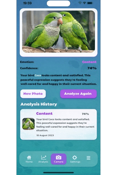 Wuffo app showing AI emotion analysis of pet bird with content emotion result at 74% confidence